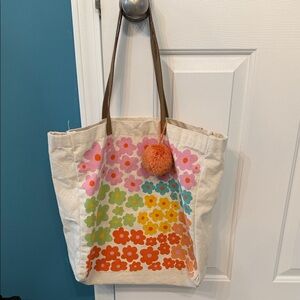 Floral Canvas Tote Bag with Pom Pom - Multicolor